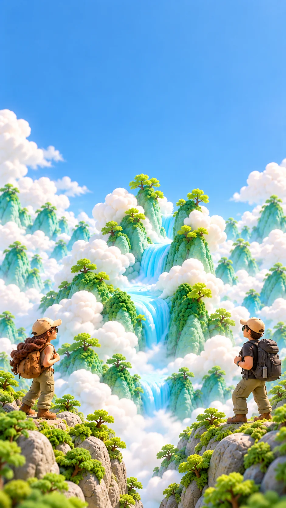 Dos viajeros contemplan montañas verdes y cascadas entre nubes